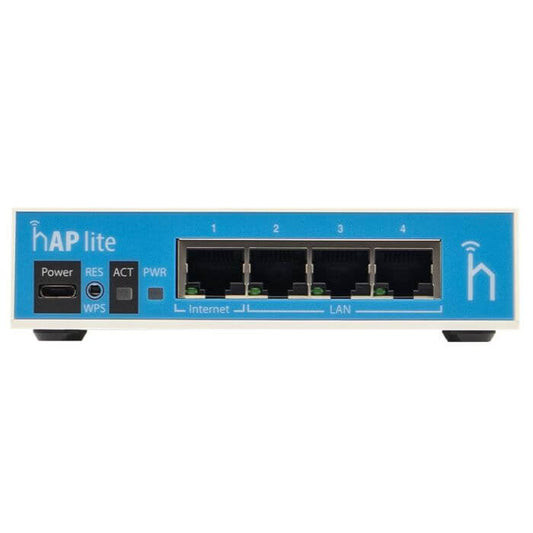 MikroTik hAP Lite 4 Port WiFi 4 Router with a speed of 300Mbps, featuring four Ethernet ports and a compact design.