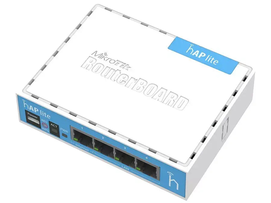 MikroTik hAP Lite 4-Port Ethernet 300Mbps WiFi Router showcasing its compact design and multiple Ethernet ports.