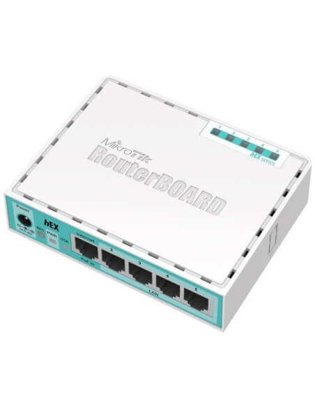 MikroTik hEX 5-Port Gigabit Desktop Router with 5 Gigabit Ethernet ports and 1 USB port.