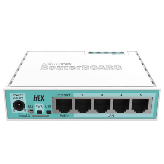 MikroTik hEX 5-Port Gigabit Desktop Router with a compact design and multiple Ethernet ports.