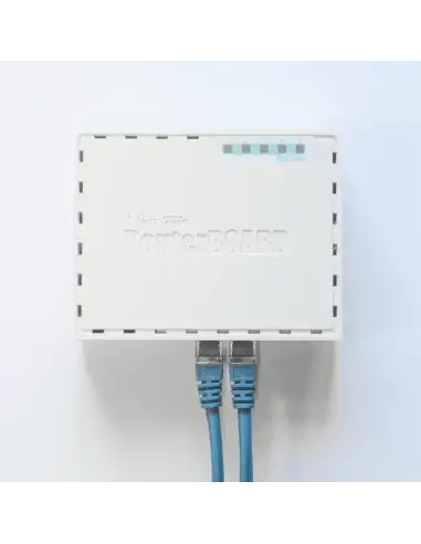 MikroTik hEX 5-Port Gigabit Desktop Router with 5 Gigabit Ethernet ports and 1 USB port.