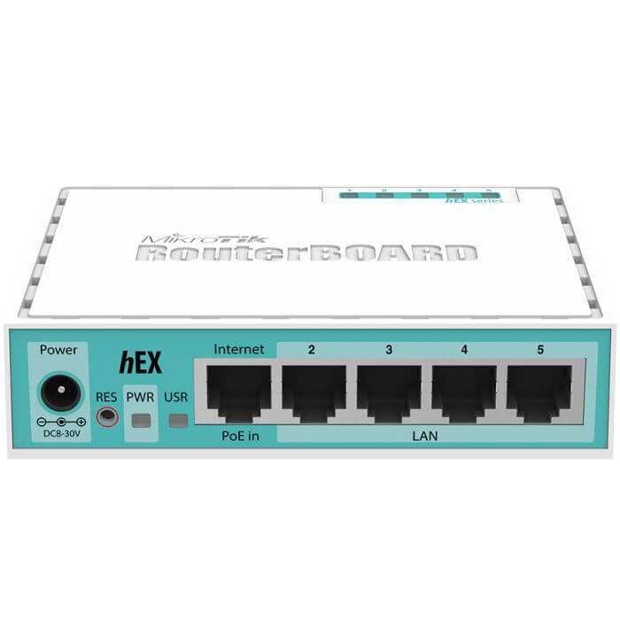 MikroTik hEX Lite 5-Port Ethernet Desktop Router with multiple Ethernet ports for network connectivity.