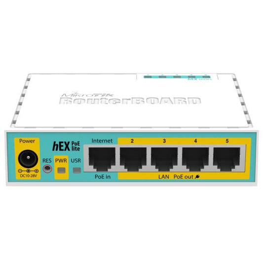 MikroTik hEX PoE Lite 5-Port Ethernet Router with multiple Ethernet ports and a compact design.