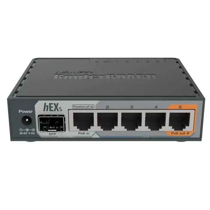 MikroTik hEX S 5-Port Gigabit Desktop Router with a sleek design and multiple Ethernet ports.