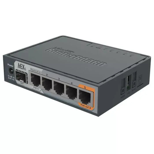 MikroTik hEX S 5-Port Gigabit Desktop Router, a compact networking device suitable for home and small office use.