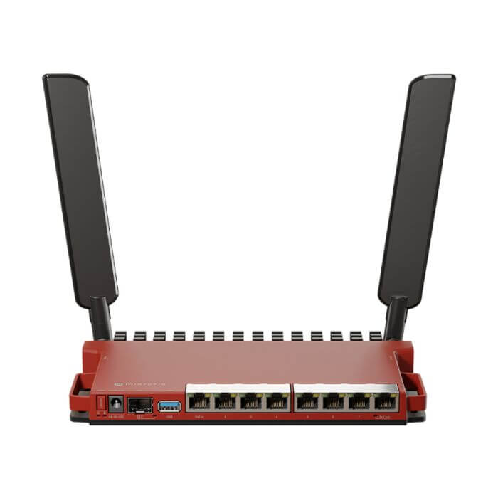 MikroTik 8-Port Gigabit WiFi 6 Router with multiple Ethernet ports and sleek design.