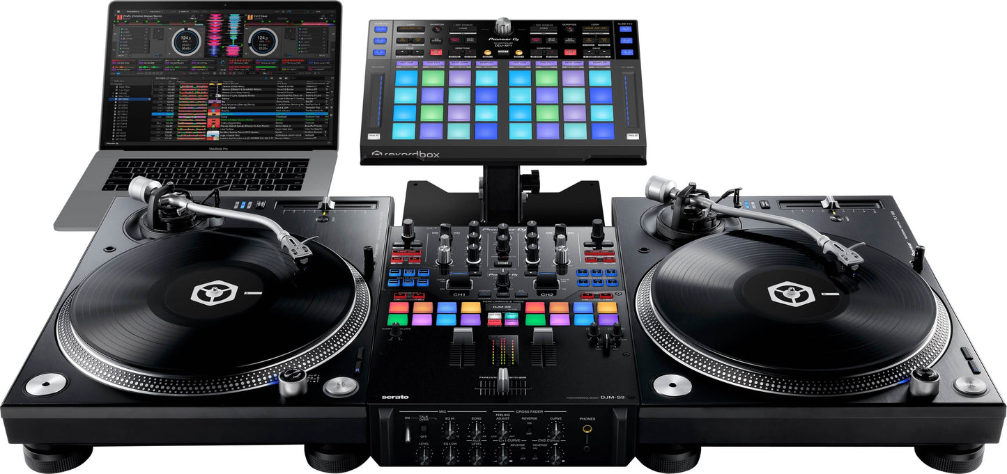 Pioneer RB-VS1-K Rekordbox DVS Timecode Vinyl Record displayed on a DJ setup with a DJ controller and turntable.