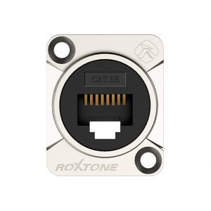 ROXTONE CAT5E ETHERCON THROUGH SOCKET with a nickel plated shell, RJ45 adapter suitable for networking applications.