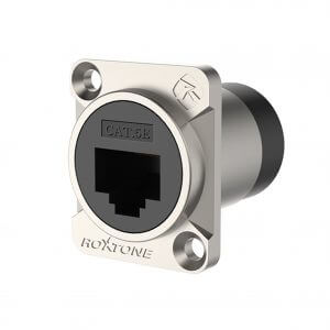 ROXTONE CAT5E ETHERCON THROUGH SOCKET with a nickel plated shell RJ45 adapter, displayed in a 300x300 image.