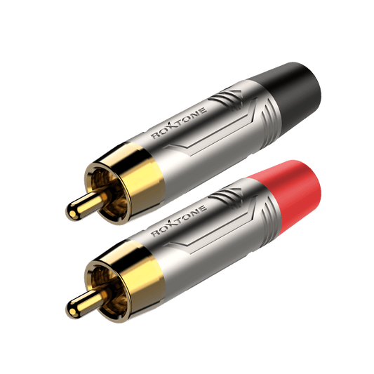 Image of Roxtone Pair RCA Male Connectors featuring a nickel plated shell and gold plated contacts.