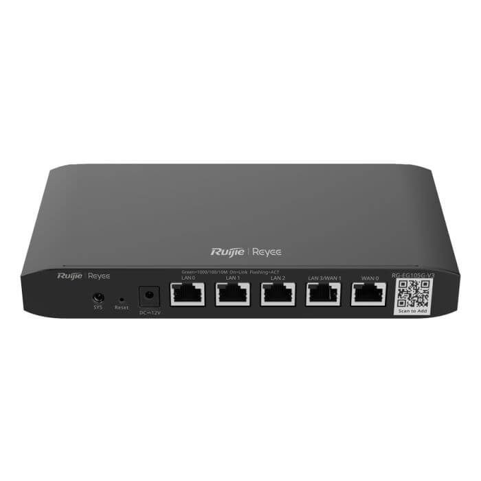 Reyee 5 Port Gigabit Cloud Router with dual WAN capability, featuring multiple Ethernet ports for high-speed internet connectivity.