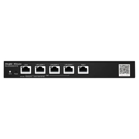 Reyee 5-Port Gigabit 4 WAN PoE Cloud Router with 60W power output, showcasing its sleek design and multiple ports.