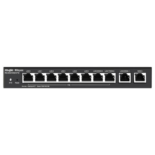 Reyee 10-Port Gigabit 4 WAN PoE Cloud Router with 110W power output, featuring multiple Ethernet ports for high-speed connectivity.