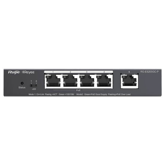 Reyee 5-Port Gigabit PoE Smart Managed Switch, model RG-ES205GP, showcasing its ports and design.