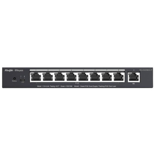Reyee 9-Port Gigabit PoE Smart Managed Switch with 120W power output, showcasing the device's ports and design.