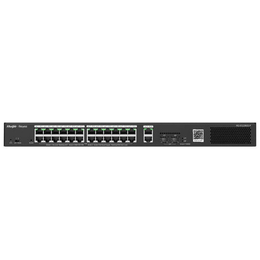 Reyee 26-Port Gigabit 24 PoE Smart Managed Switch with 370W power, featuring multiple Ethernet ports for network connectivity.