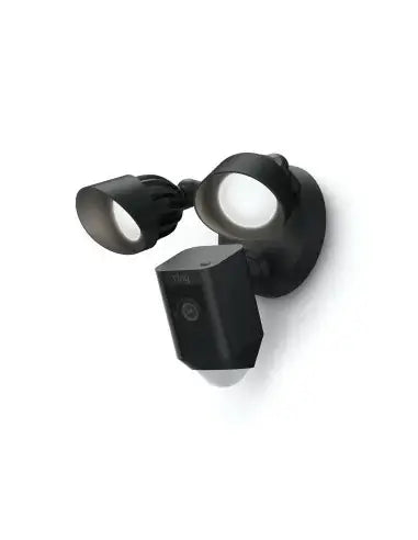 Ring Floodlight Cam Wired Plus in black featuring dual 3000K lights providing bright illumination.