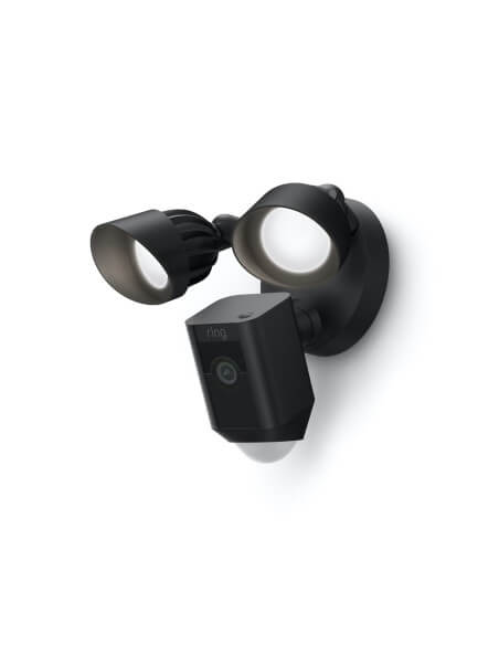 Ring Floodlight Cam Wired Plus in black featuring dual 3000K lights, designed for enhanced outdoor security.