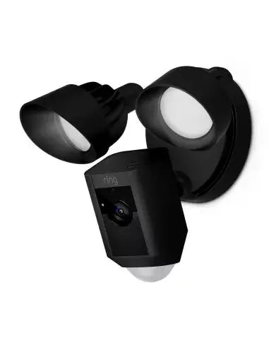 Ring Floodlight Cam in black, designed for outdoor security with integrated floodlight.