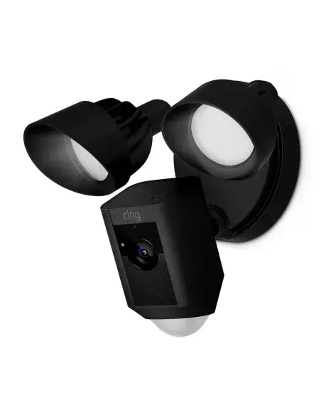 Ring Floodlight Cam in black, designed for outdoor security, featuring floodlight and camera functionalities.