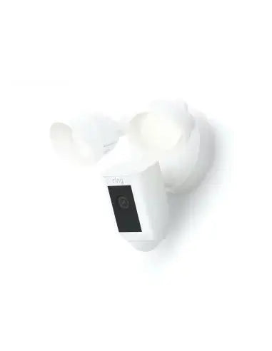 Ring Floodlight Cam Wired Plus in white featuring dual 3000K lights and 2000 lumen floodlights.