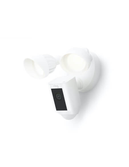 Ring Floodlight Cam Wired Plus in white featuring dual 3000K lights for enhanced outdoor security.