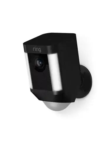 Ring Spotlight Cam in black, battery-powered security camera designed for outdoor use.