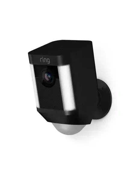 Ring Spotlight Cam in black color, battery-powered security camera designed for outdoor use.