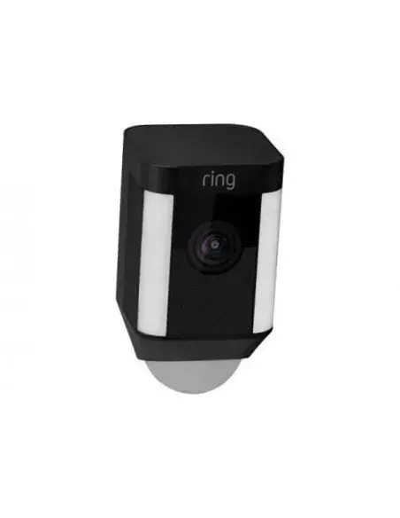 Ring Spotlight Cam in black, battery-powered security camera designed for outdoor use.