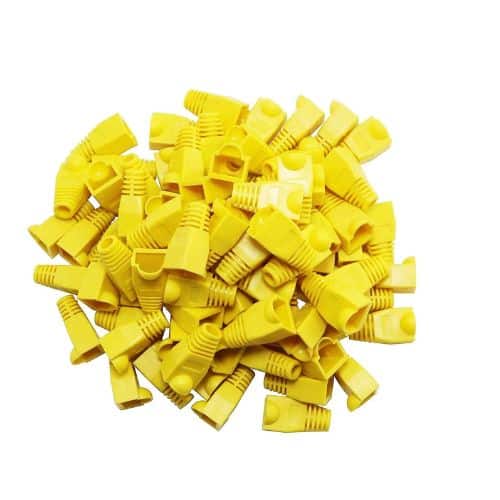 Image of Acconet RJ45 connector boots in yellow color, packaged in a 50 pack.