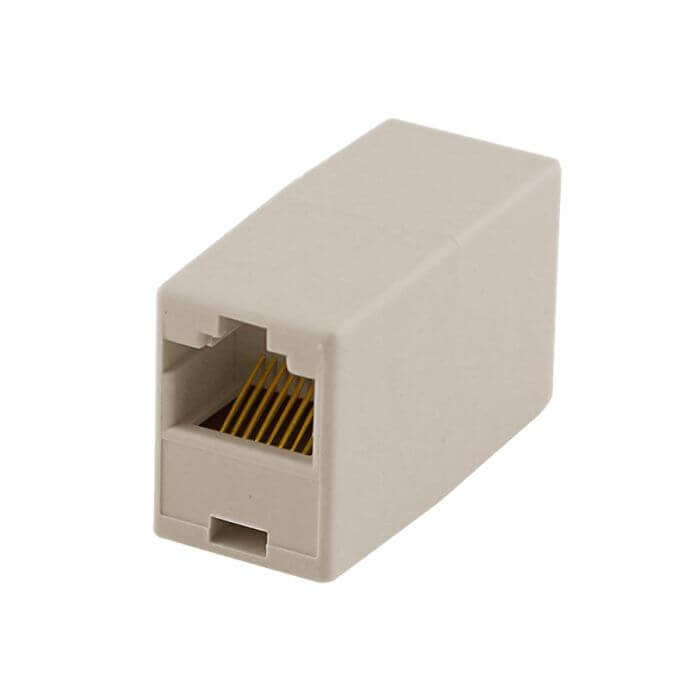 Image of an RJ45 female to female barrel connector, used for connecting Ethernet cables.