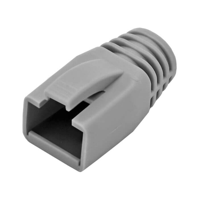 Image of Linkbasic grey boots designed for RJ45-6FTP connector, showcasing the product's features.