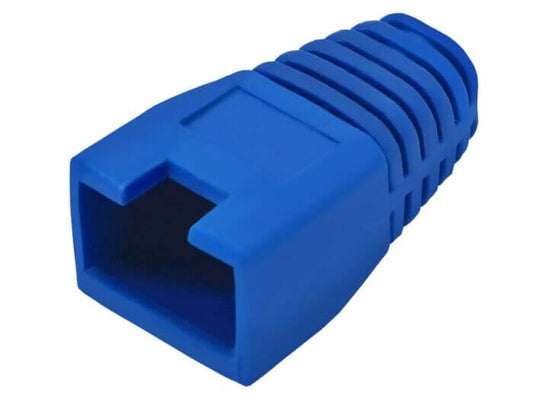 Image of Linkbasic RJ45 Connector with blue boots, used for networking connections.