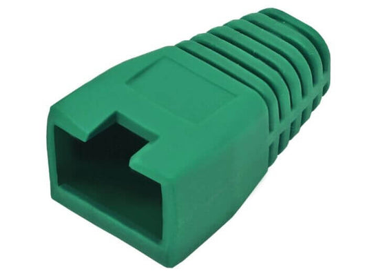 Image of Linkbasic RJ45 connector with green boots, used for network cabling.