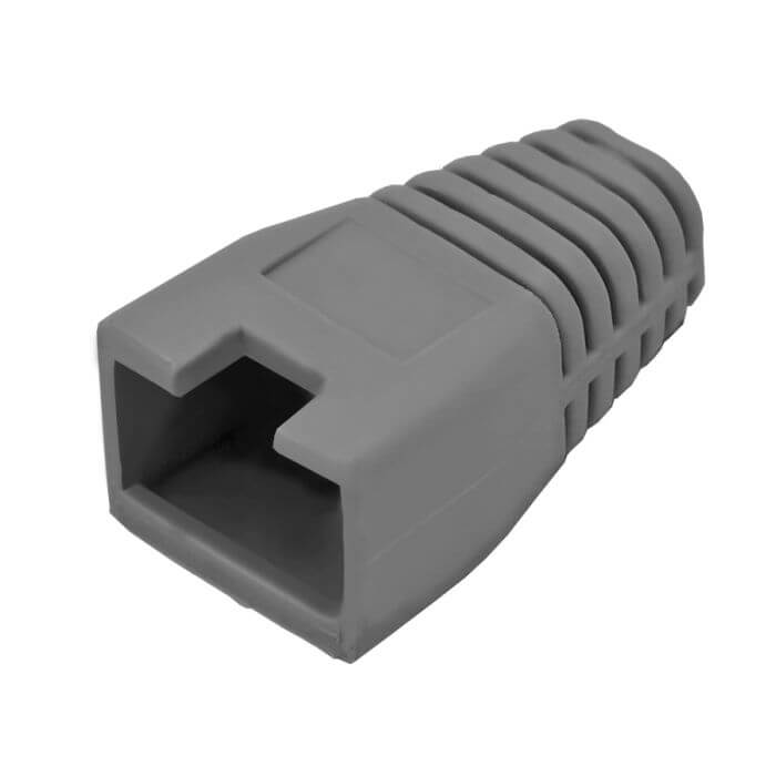 Image of Linkbasic RJ45 Connector with grey boots, used for network connections.