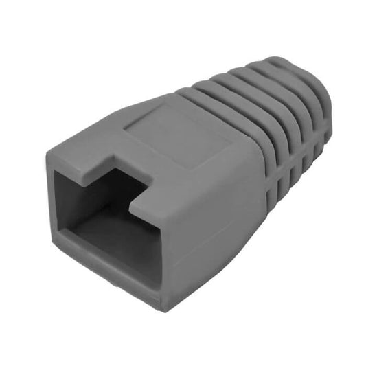 Image of Linkbasic RJ45 Connector with grey boots, used for network connections.