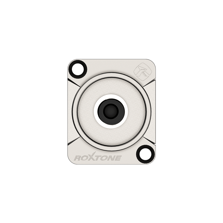 ROXTONE 3.5mm Stereo Female Chassis Mount Connector with a nickel plated shell, showcasing its design and features.