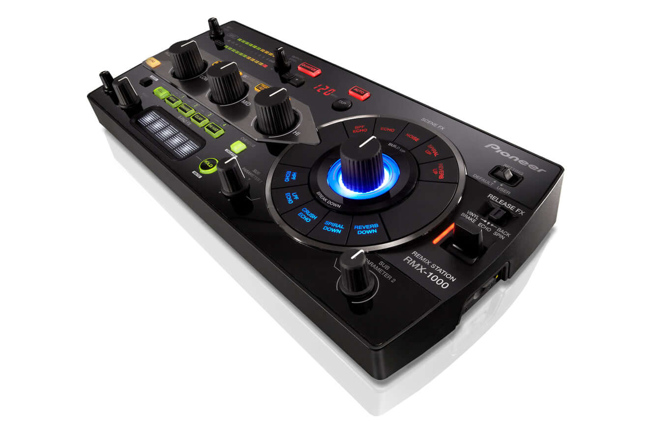Pioneer RMX-1000 Professional DJ Effects and Remix Station showcasing diverse effects in a sleek white design.