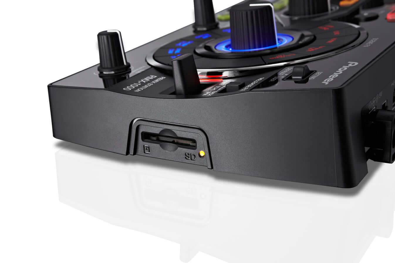 Pioneer RMX-1000 Professional DJ Effects and Remix Station showcasing its side view with SD card slot.