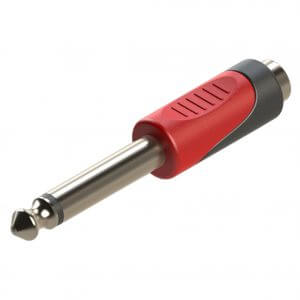 High-quality Roxtone moulded adapter from 6.3mm mono male to RCA female, designed for audio connections.
