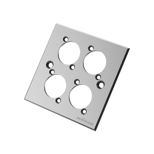 ROXTONE 4-WAY BLACK BLANK WALLPLATE designed for D Size Connectors, showcasing an aluminum drawing wall mount panel.