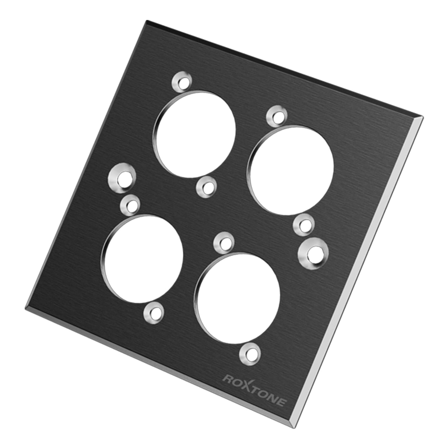 ROXTONE 4-WAY BLACK BLANK WALLPLATE designed for D Size Connectors, showcasing an aluminum drawing wall mount panel.