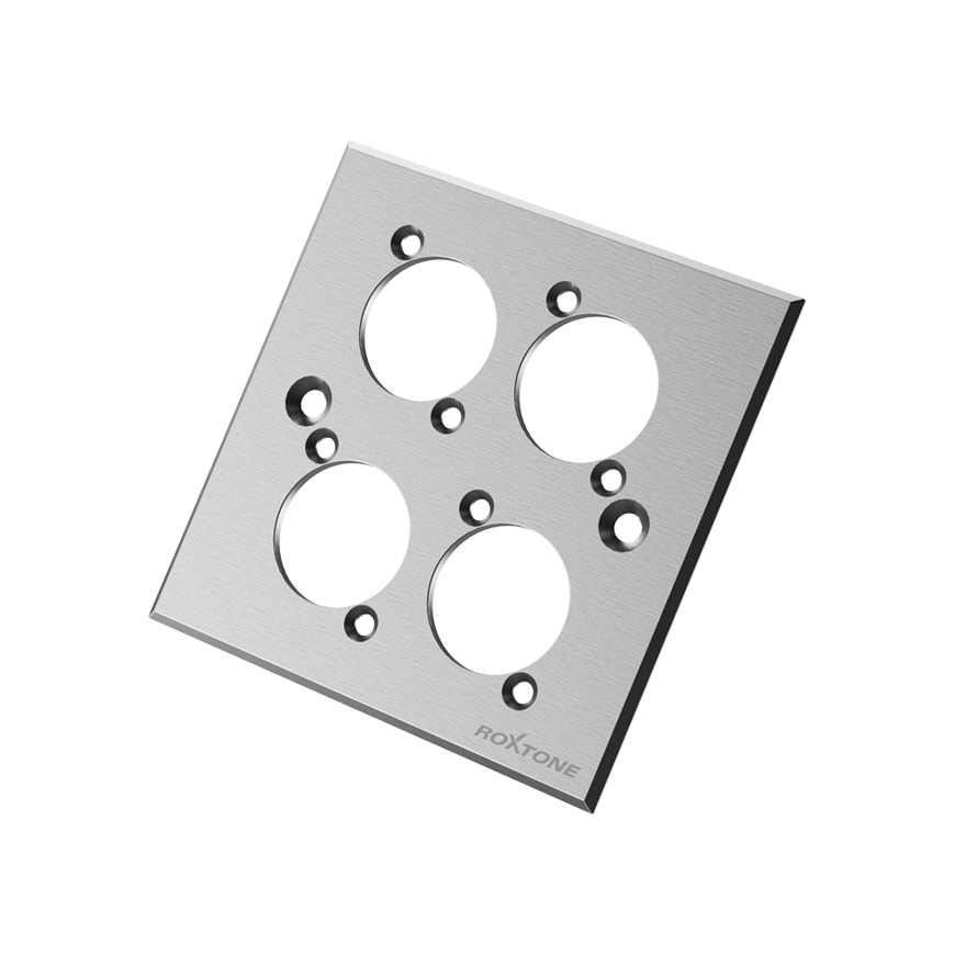 Roxtone 4-Way Silver Blank Wallplate, an aluminum wall mount panel designed for standard connectors.