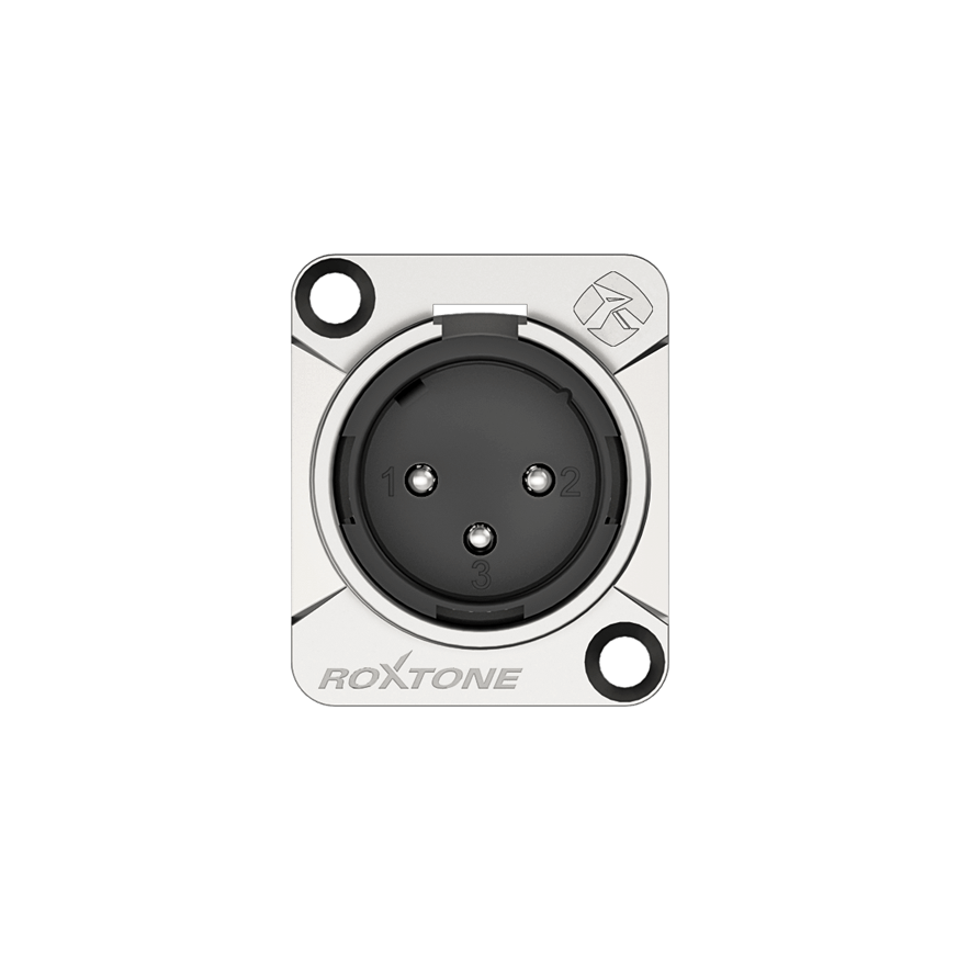 High-quality audio connector featuring a Roxtone Leader Series 3P XLR male chassis with a nickel plated shell.