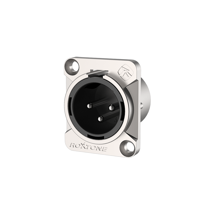 High-quality audio connector featuring a Roxtone Leader Series 3P XLR male chassis with a nickel plated shell.