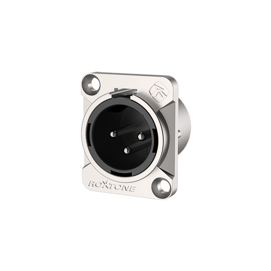 High-quality audio connector featuring a Roxtone Leader Series 3P XLR male chassis with a nickel plated shell.
