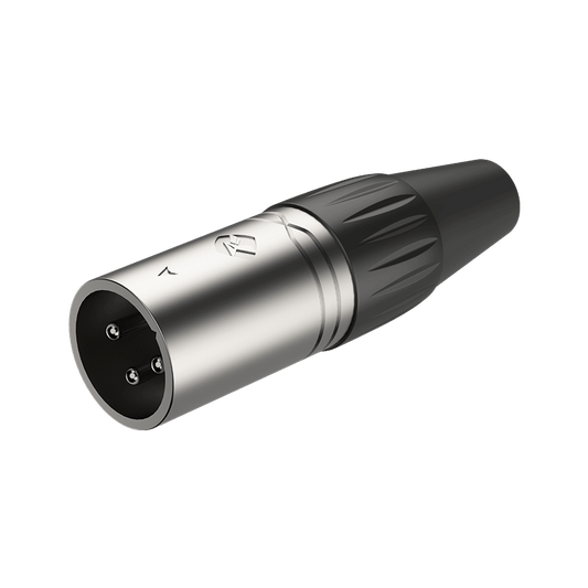 ROXTONE 3-Pole XLR Male Connector with a durable black shell made of zinc alloy, showcasing its robust design.