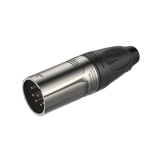 ROXTONE 5-Pole XLR Male Connector with Nickel-Plated Shell, model RX5M-NT, showcasing the product design and features.