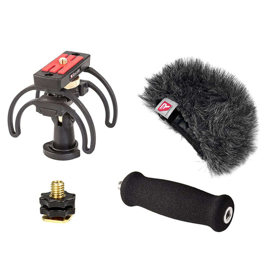 Rycote Audio Kit designed for Tascam DR-100 and DR-100MkII, showcasing a complete portable recording solution.