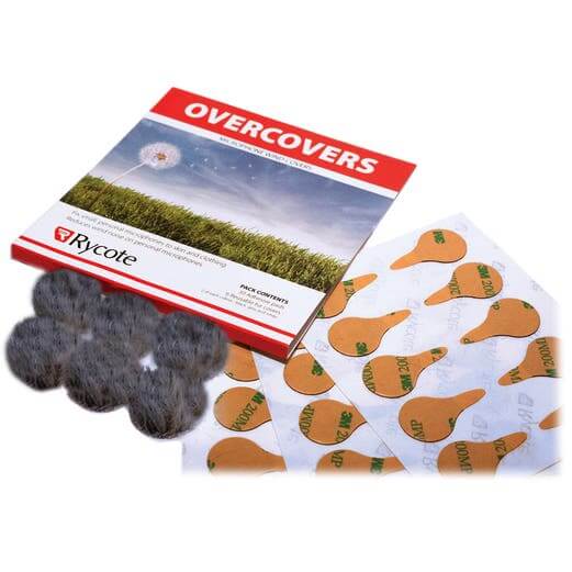RYCOTE Overcovers Grey - 6 grey fur discs designed for lavalier microphones, including 30 stickies for secure attachment.